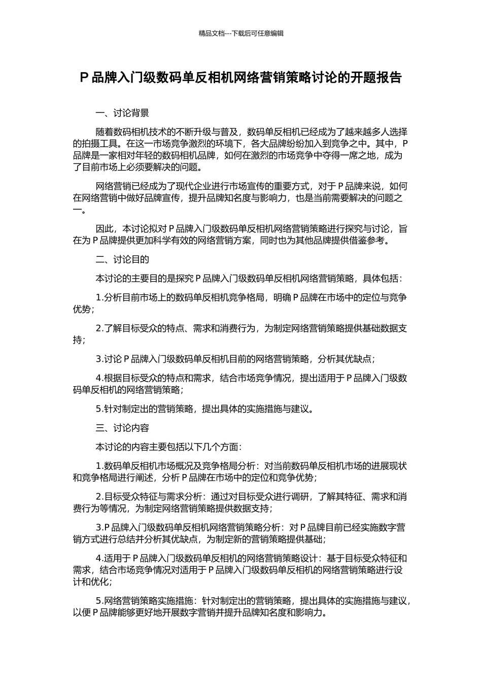 P品牌入门级数码单反相机网络营销策略研究的开题报告_第1页