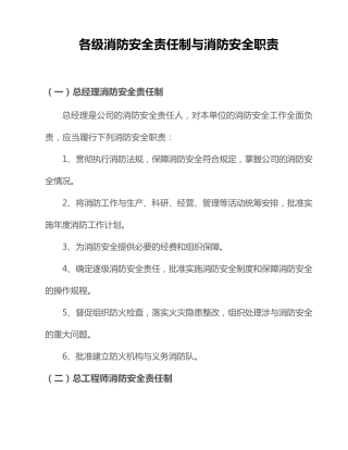 各级领导消防安全责任制及消防安全职责