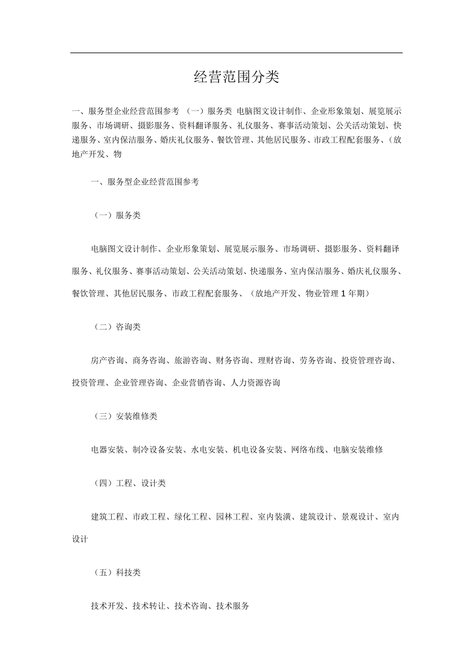 各行业经营范围分类_第1页