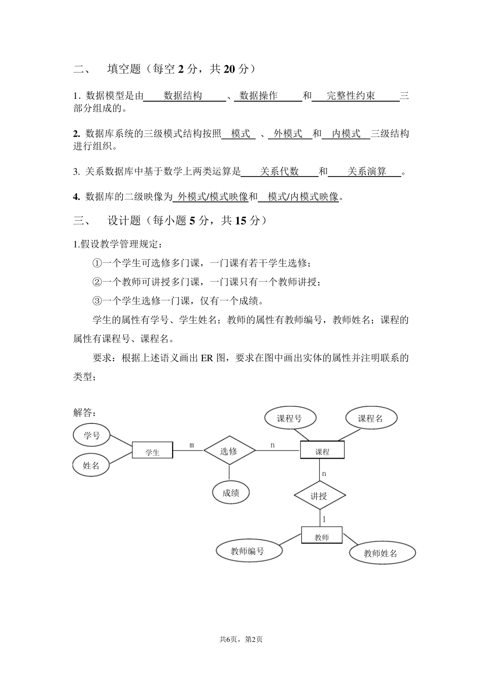 同济大学数据库课程期末考核试卷(A卷)2012年春数据库答案_第2页