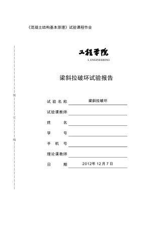 同济大学混凝土基本原理试验报告梁受剪斜拉破坏(优)