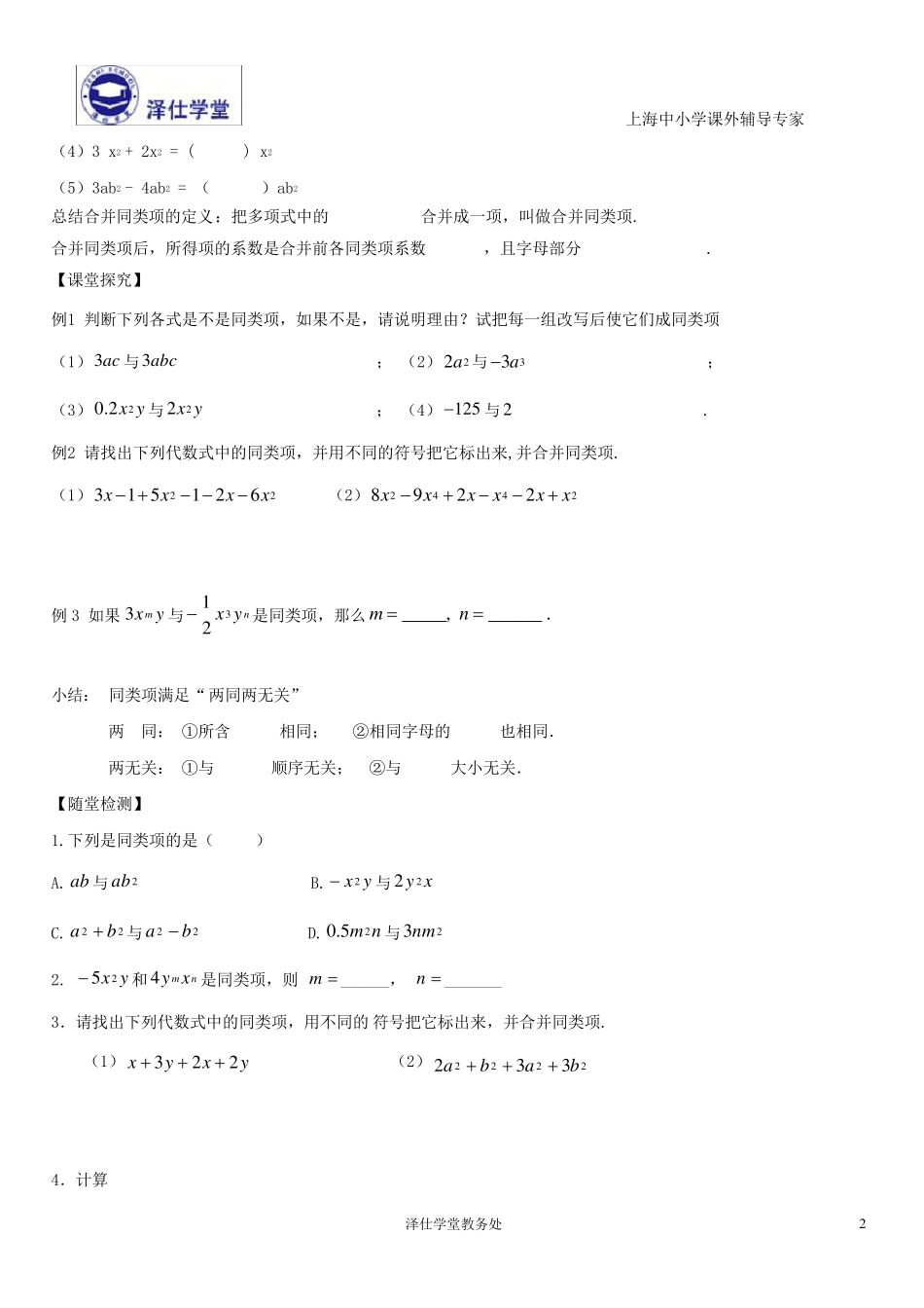 同类项与合并同类项讲义(沈上楠)_第2页