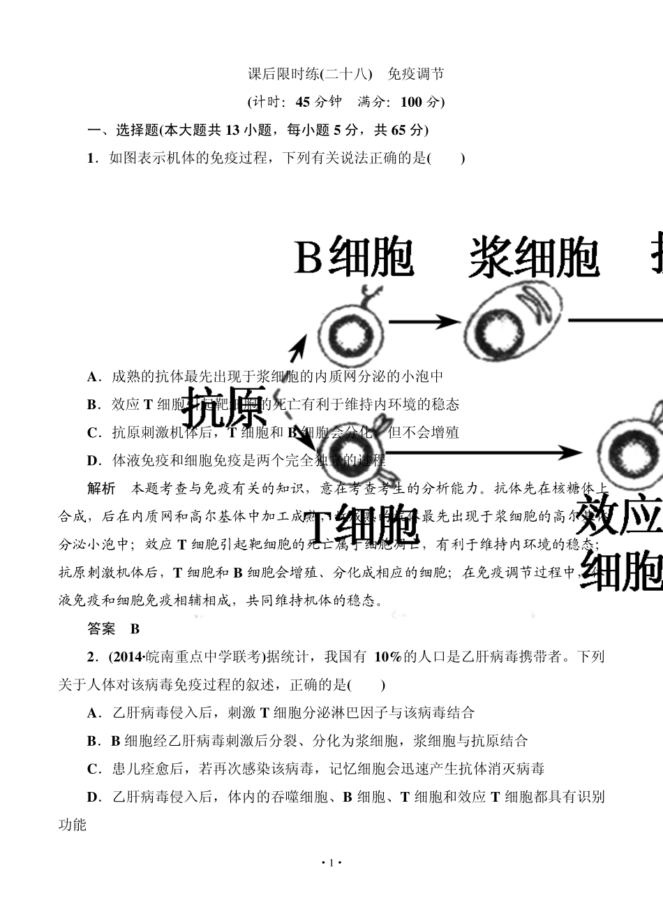 名师一号2015高考生物一轮课后限时练：第28讲免疫调节_第1页