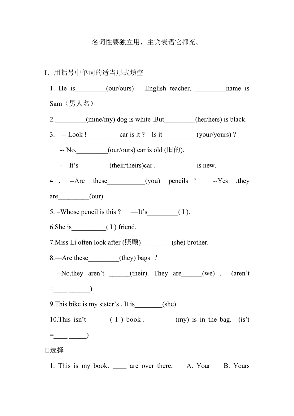 名词性物主代词与形容词性物主代词的专项练习_第3页