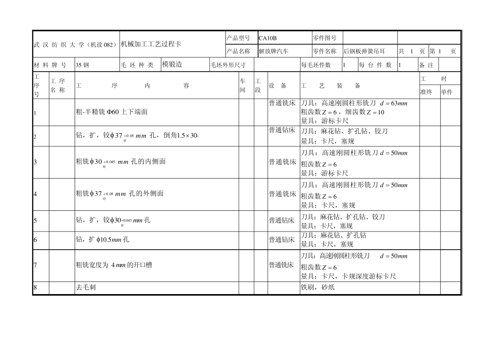 后钢板弹簧吊耳机械加工工艺卡_第1页