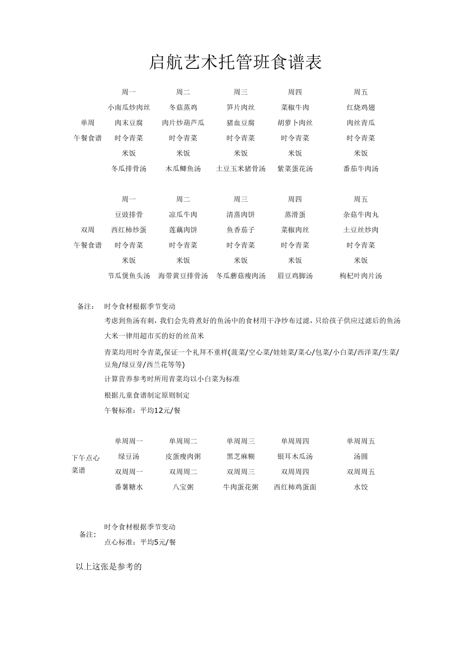 启航艺术托管班食谱表_第1页