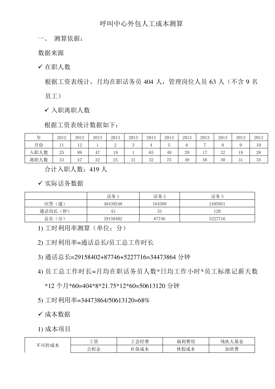 呼叫中心外包人工成本测算_第1页