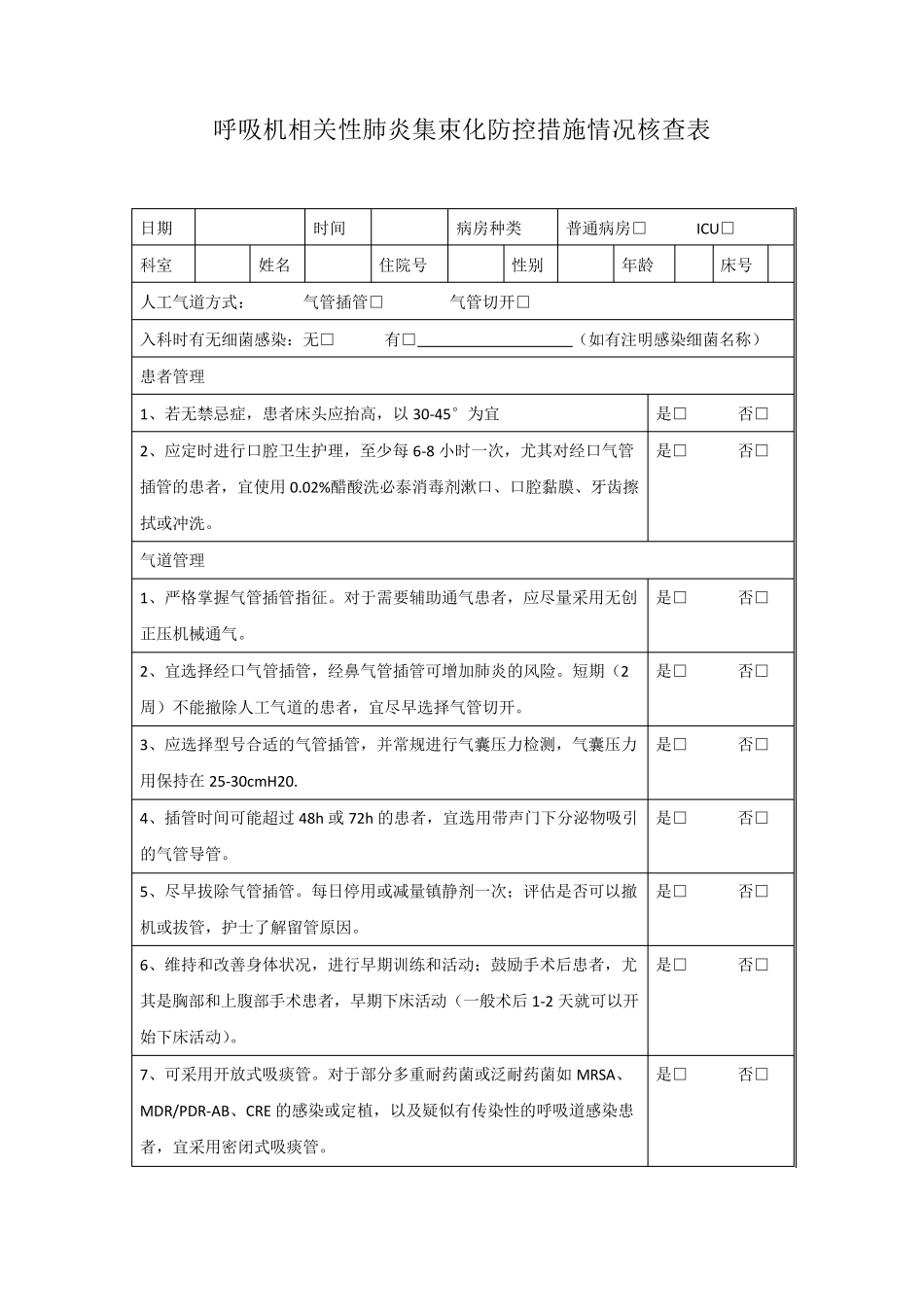 呼吸机、尿管、中心导管、手术集束化防控措施情况核查表_第1页