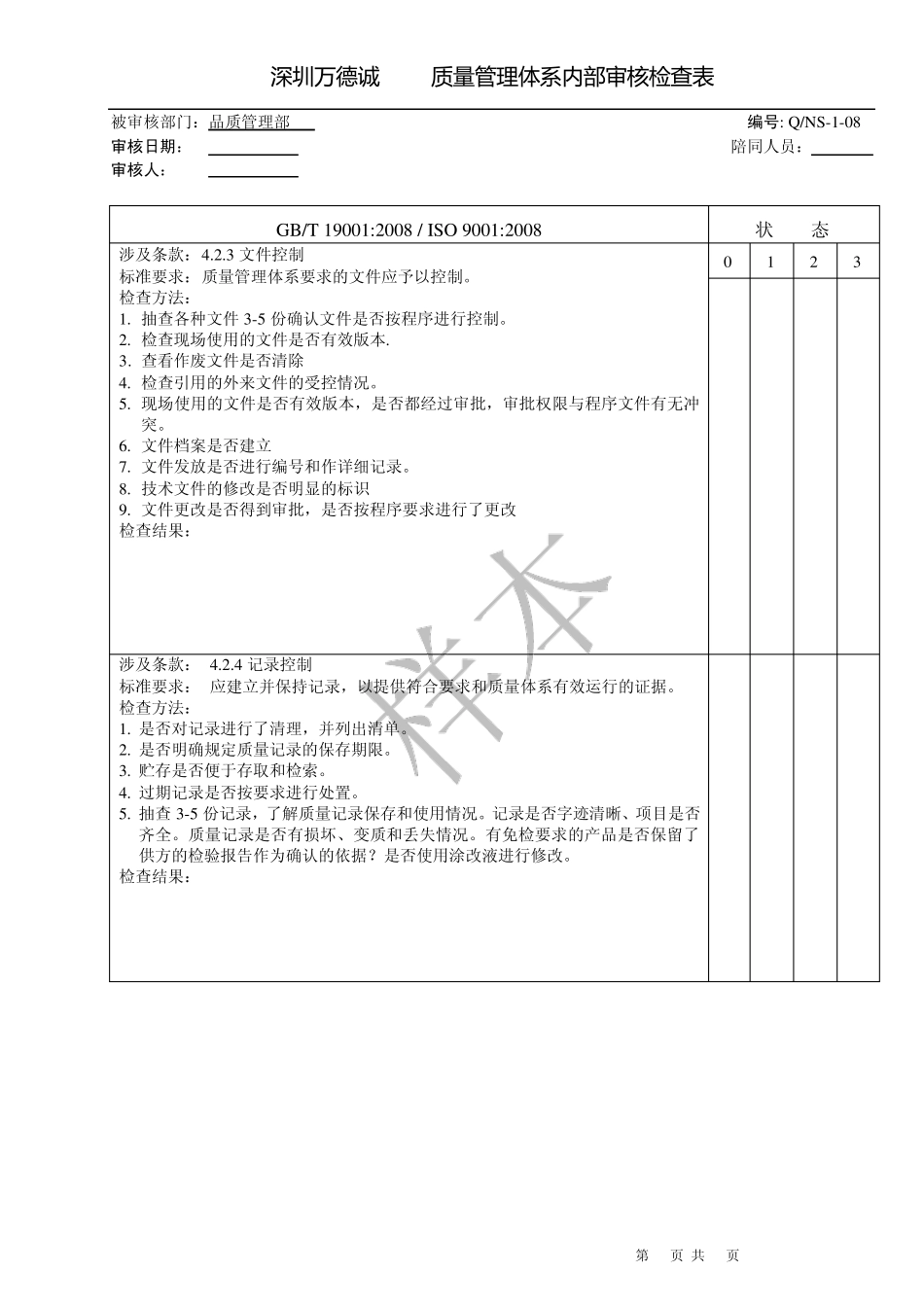 品管部质量管理体系内部审核检查表_第1页