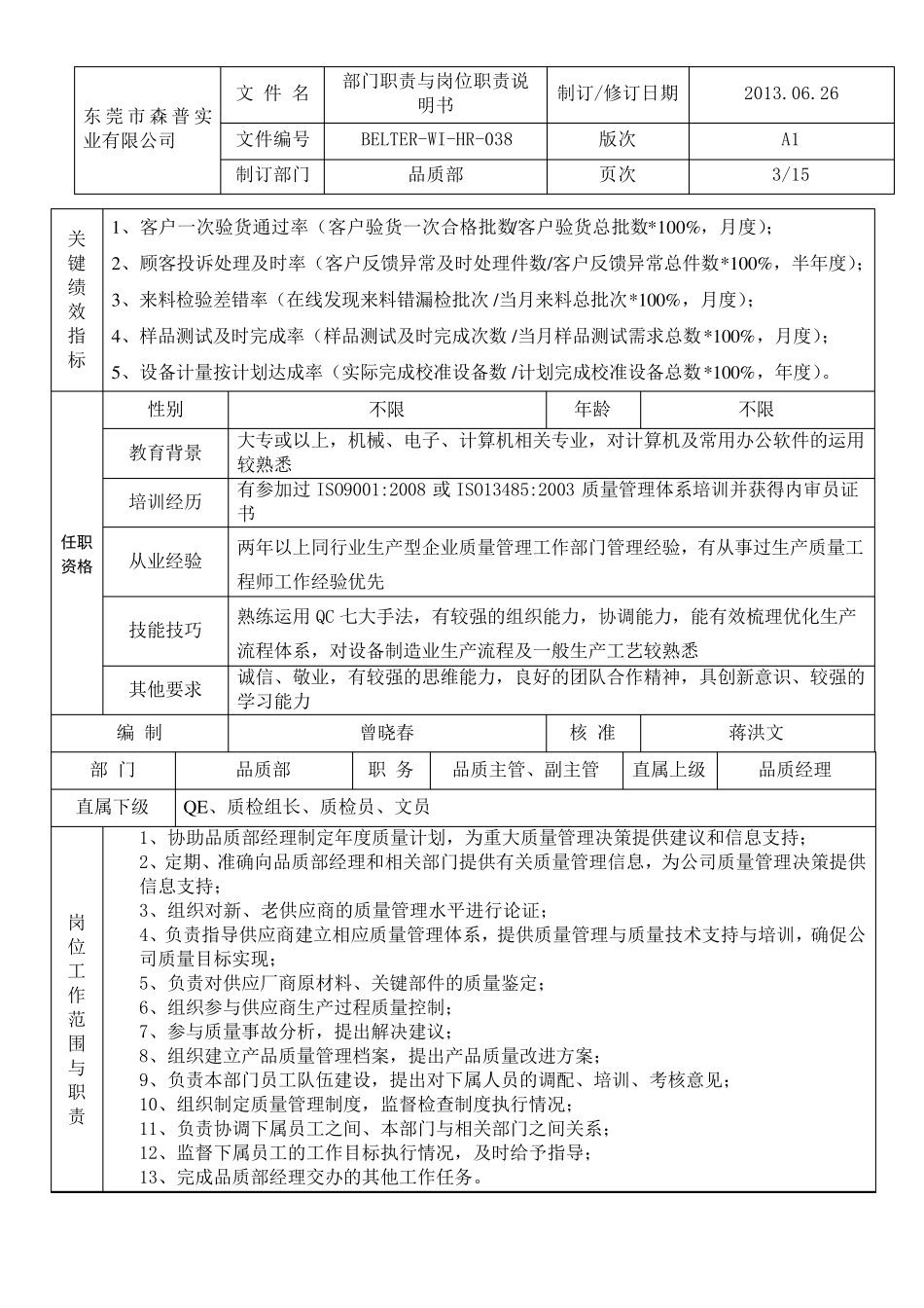 品质部各岗位职责说明书(森普)_第3页