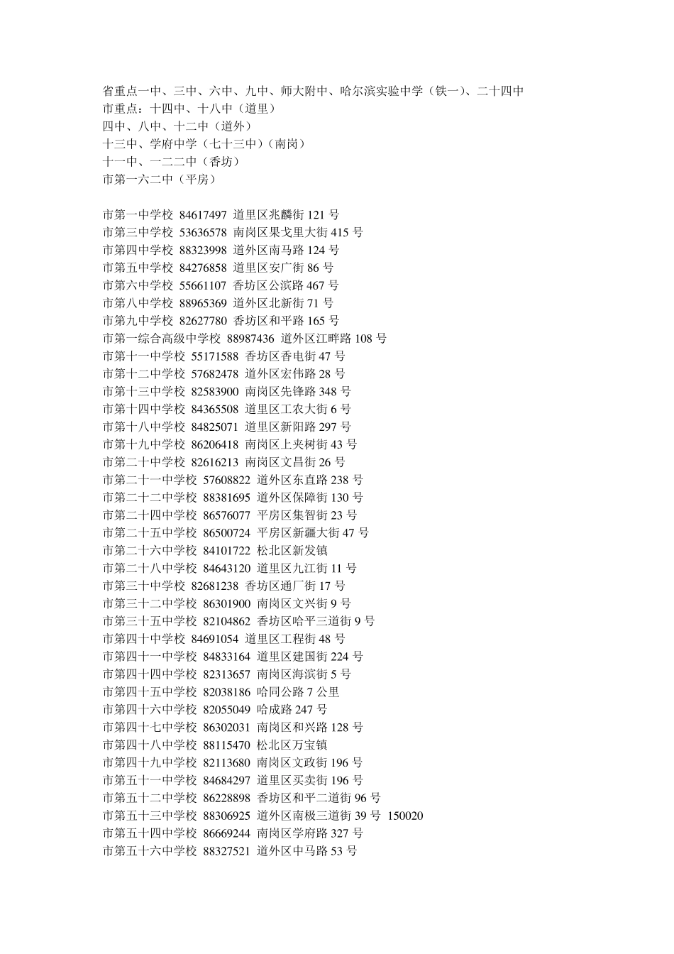 哈尔滨市区内中学通讯地址联系方式大全_第1页