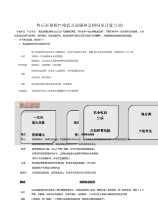 售后返租操作模式及商铺租金回报率计算方法
