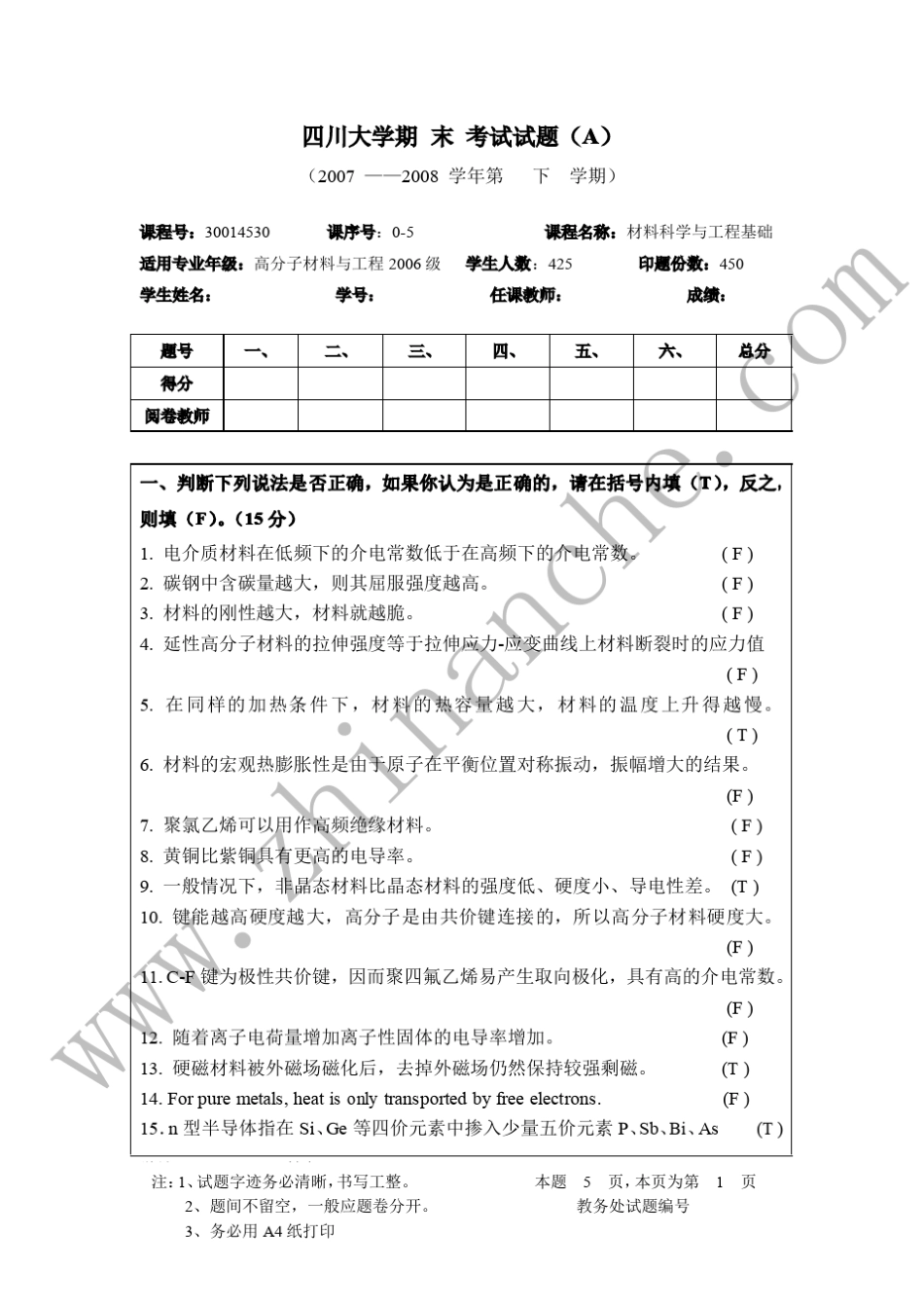 四川大学材料科学与工程基础试题_第1页