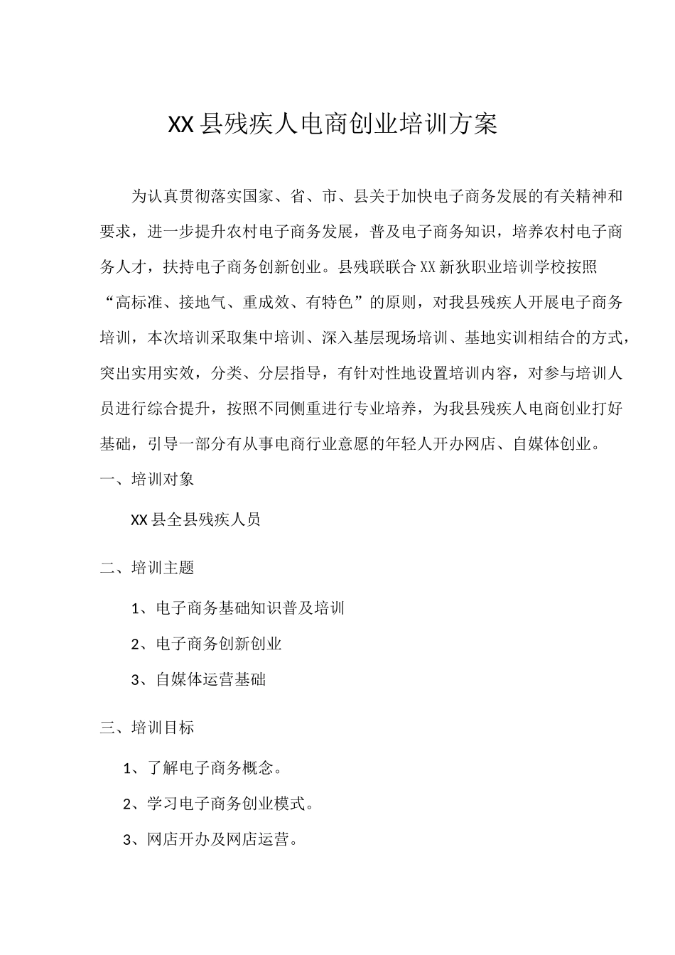 XX县残疾人电商创业孵化培训方案_第1页