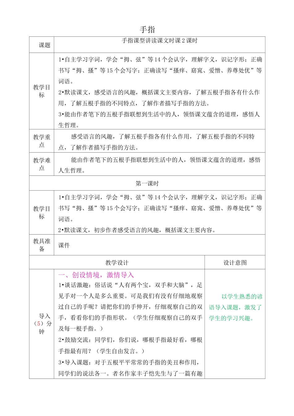 部编版五年级下册《手指》优秀教案_第1页