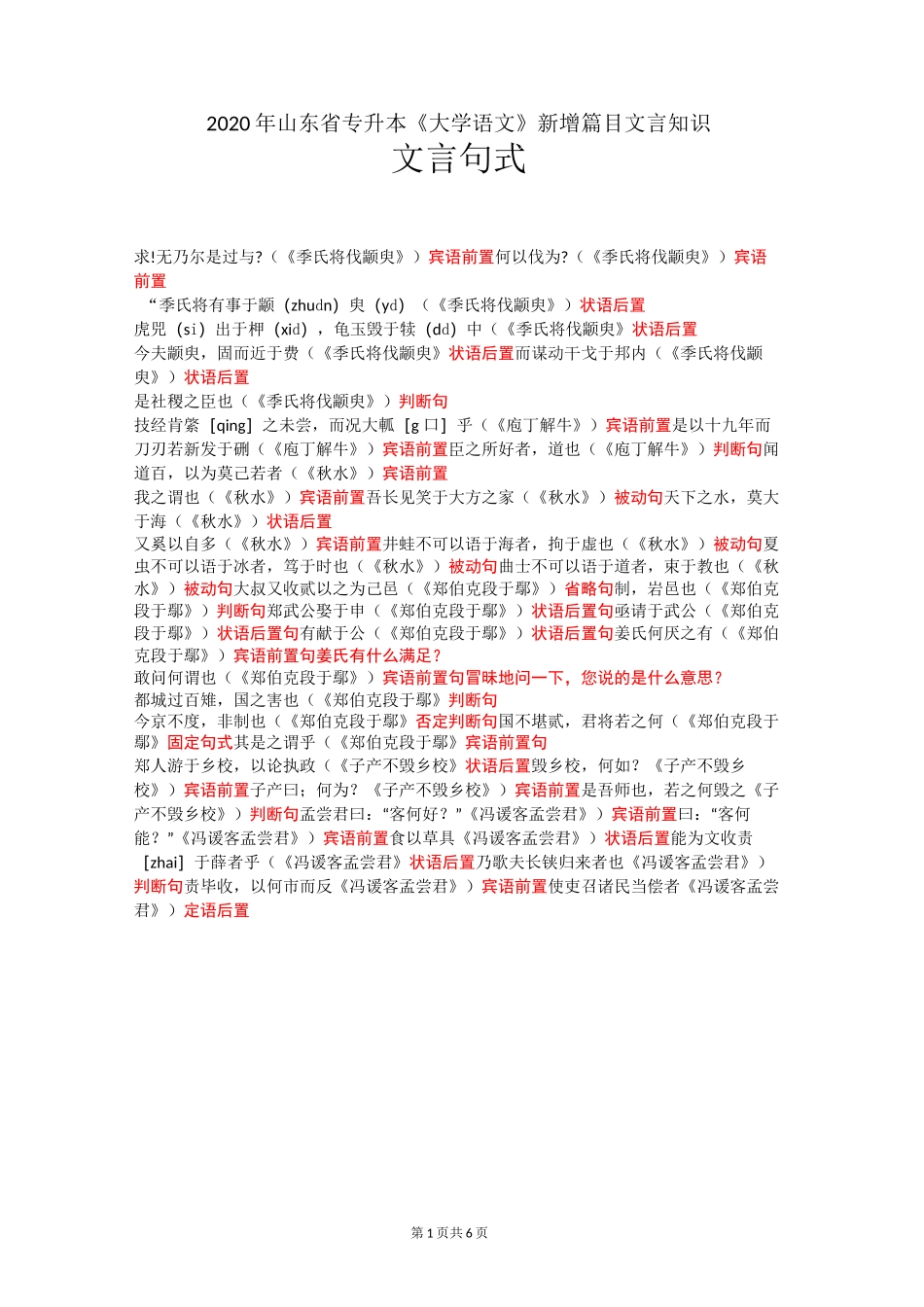 2020年山东省专升本《大学语文》新增篇目文言知识——文言句式_第1页