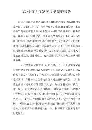 XX村镇银行发展状况调研报告