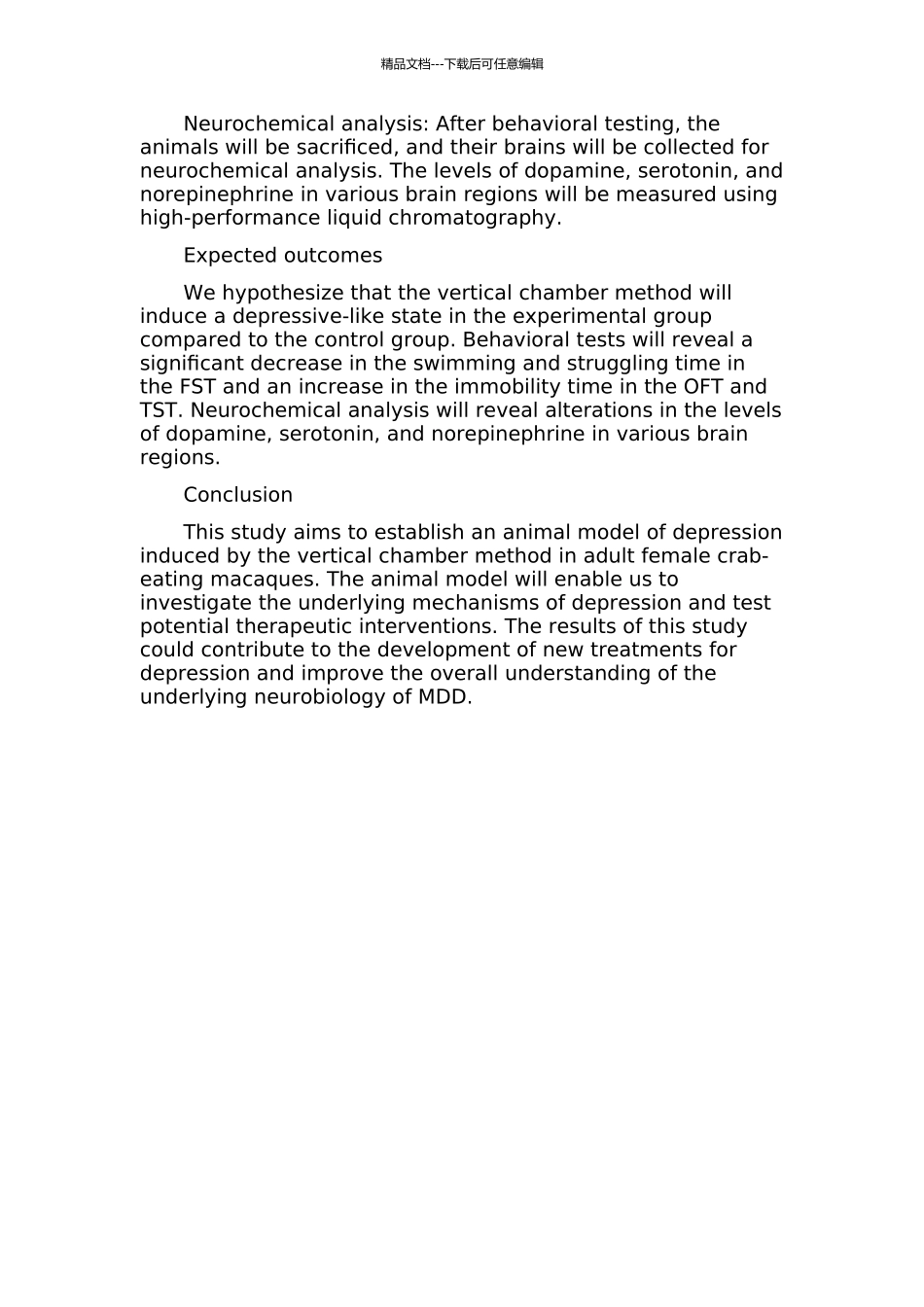 Vertical-Chamber诱导的成年雌性食蟹猴抑郁模型的开题报告_第2页