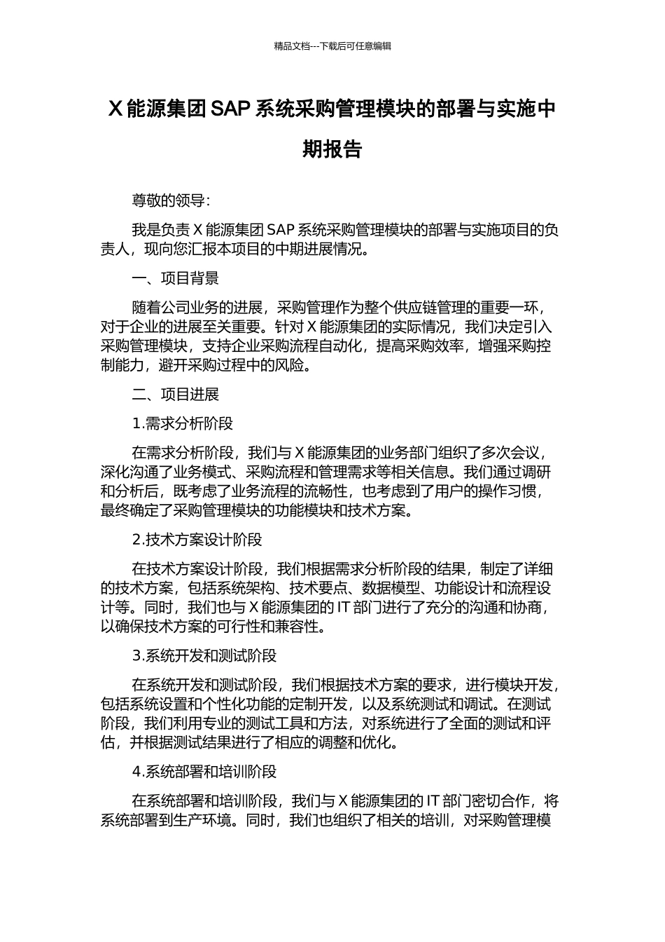X能源集团SAP系统采购管理模块的部署与实施中期报告_第1页