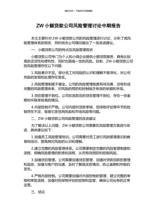 ZW小额贷款公司风险管理研究中期报告