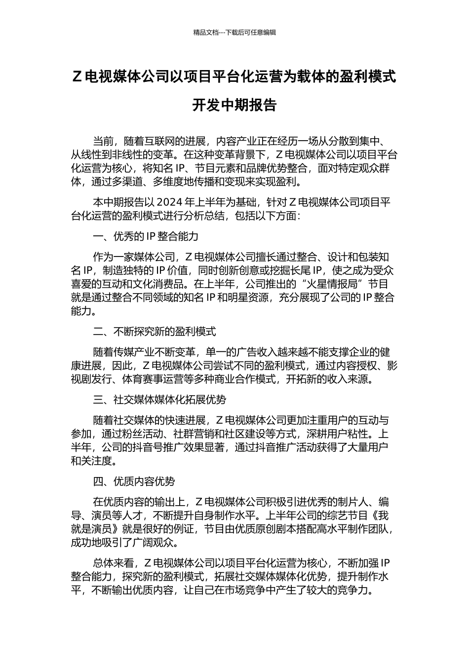Z电视媒体公司以项目平台化运营为载体的盈利模式开发中期报告_第1页