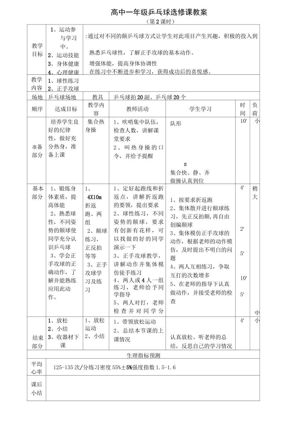 高中一年级乒乓球选修课全套教案_第3页
