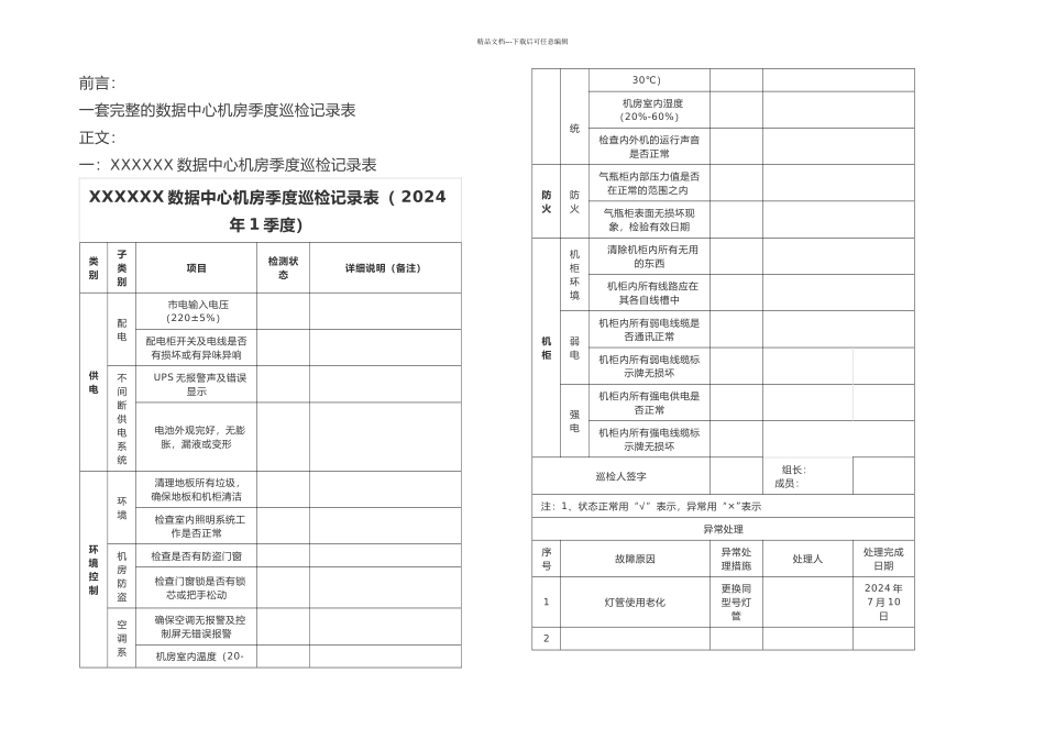 一套完整的弱电数据中心机房季巡检记录表_第1页