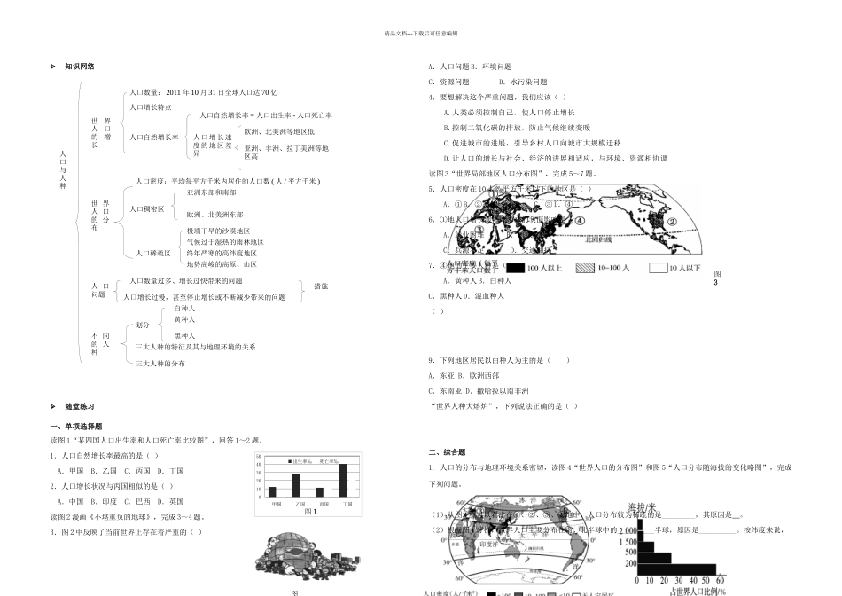 七年级地理上册人口与人种校本作业新人教_第1页