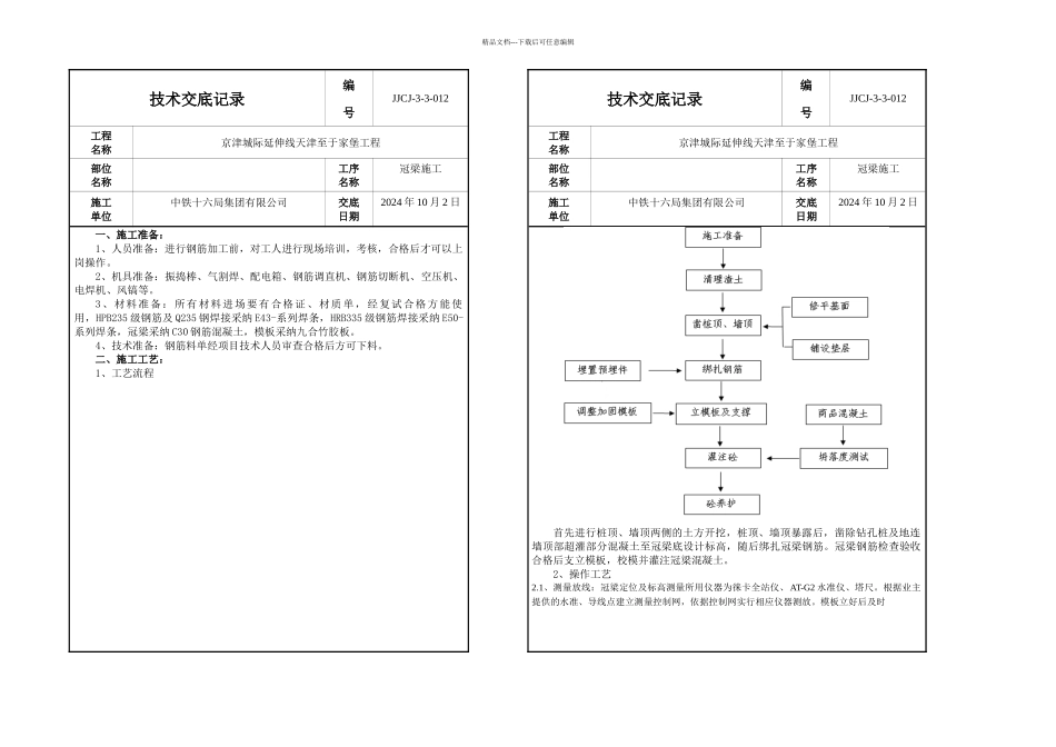 三级级冠梁技术交底记录表_第1页