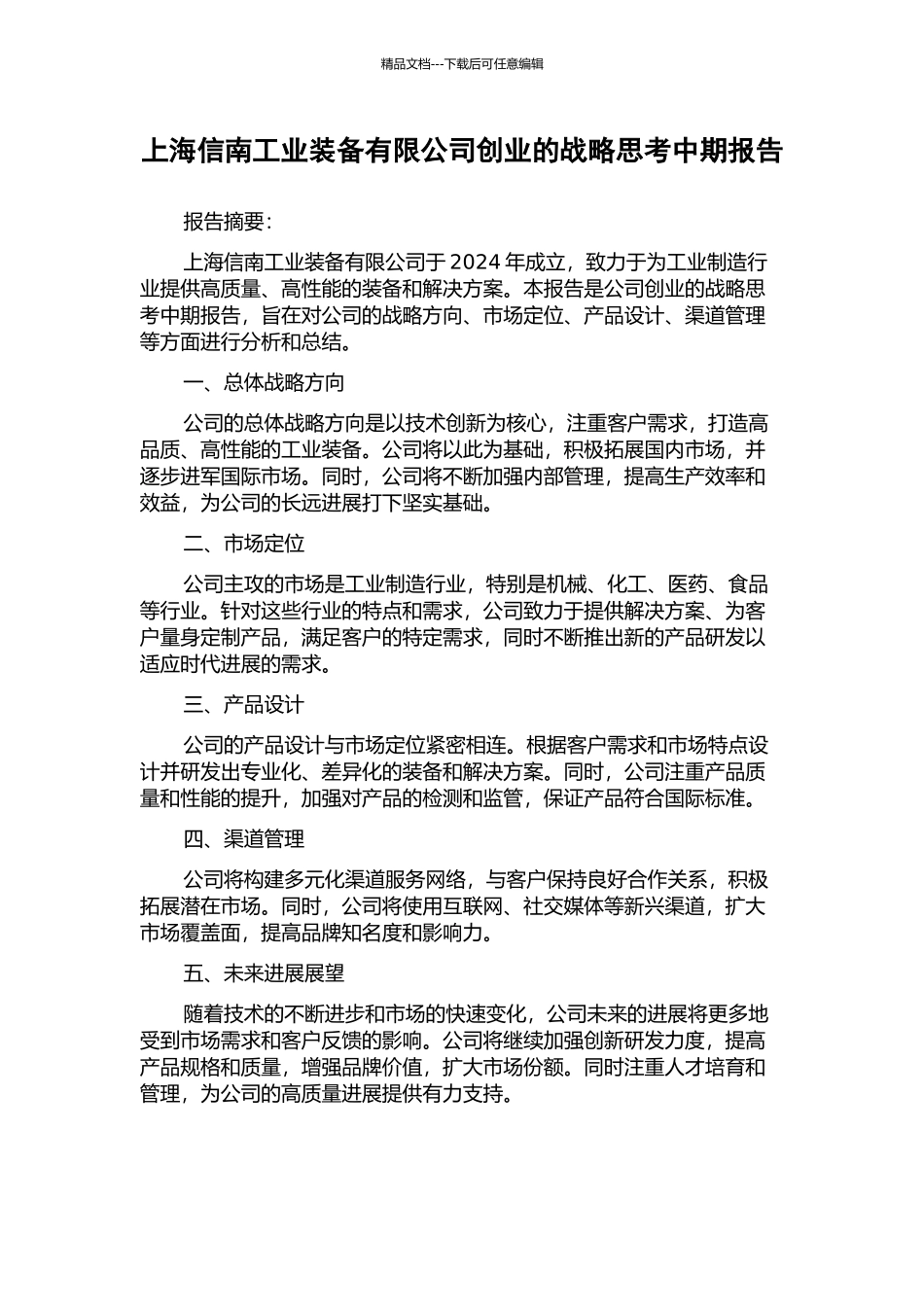 上海信南工业装备有限公司创业的战略思考中期报告_第1页