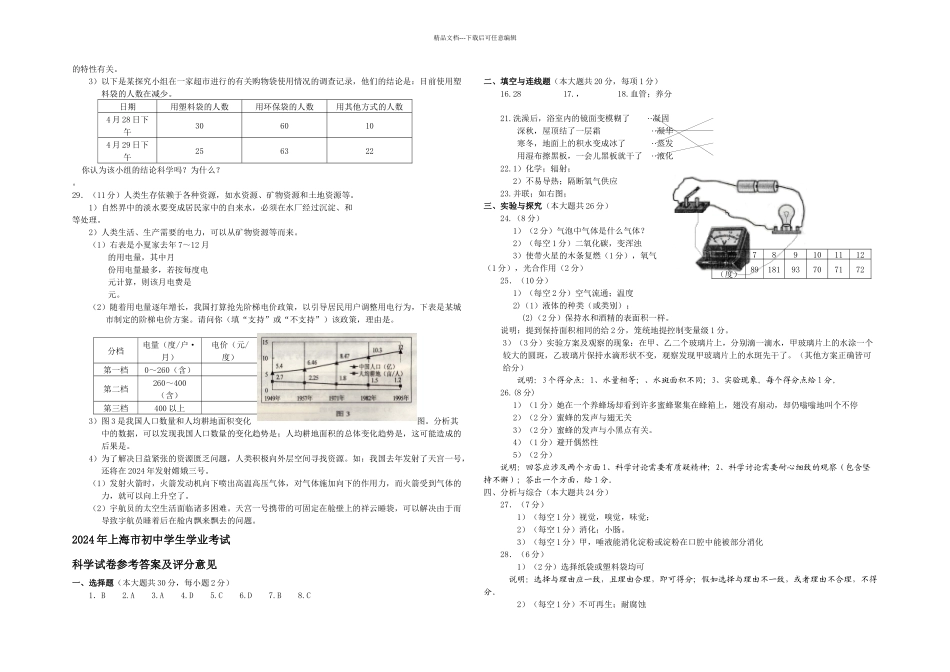 上海市初中学生学业考试科学试卷及答案_第3页
