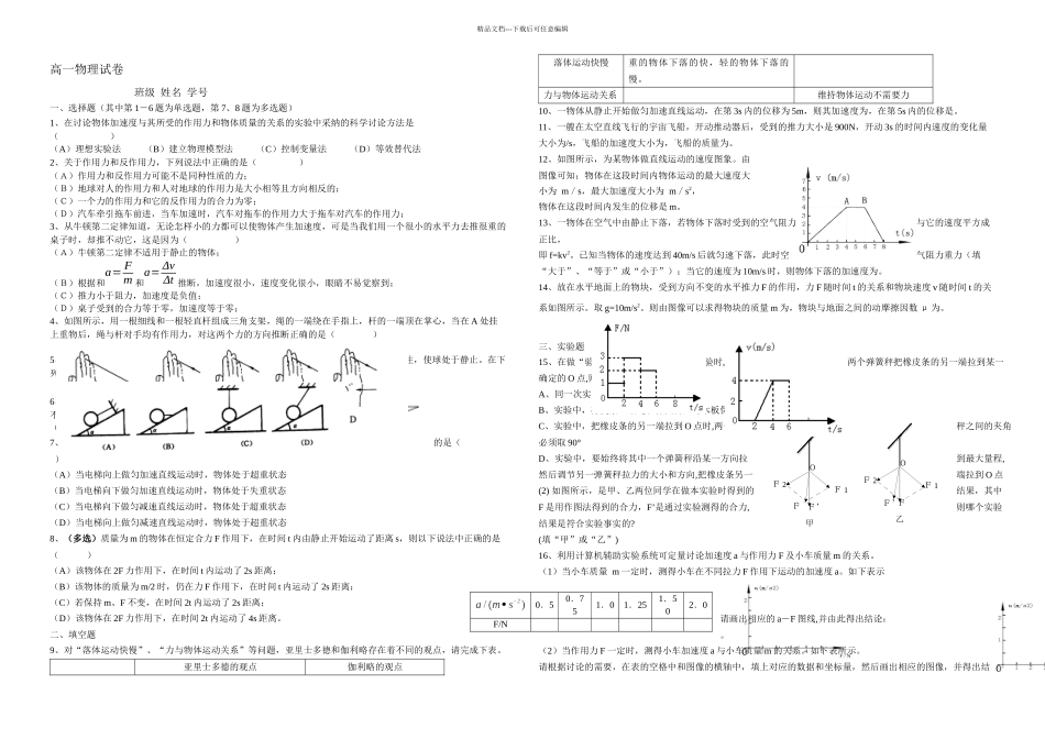 上海市重点高中高一物理一学期期末考试试卷_第1页