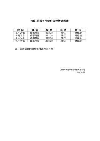锦汇花园9月份广告投放计划表