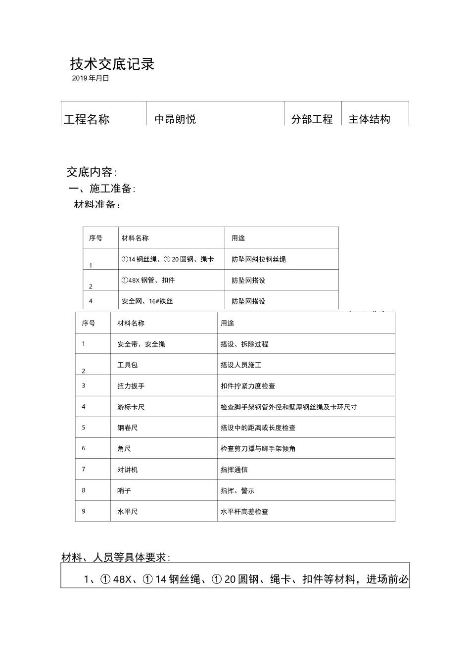 悬挑安全防坠网施工技术交底_第1页