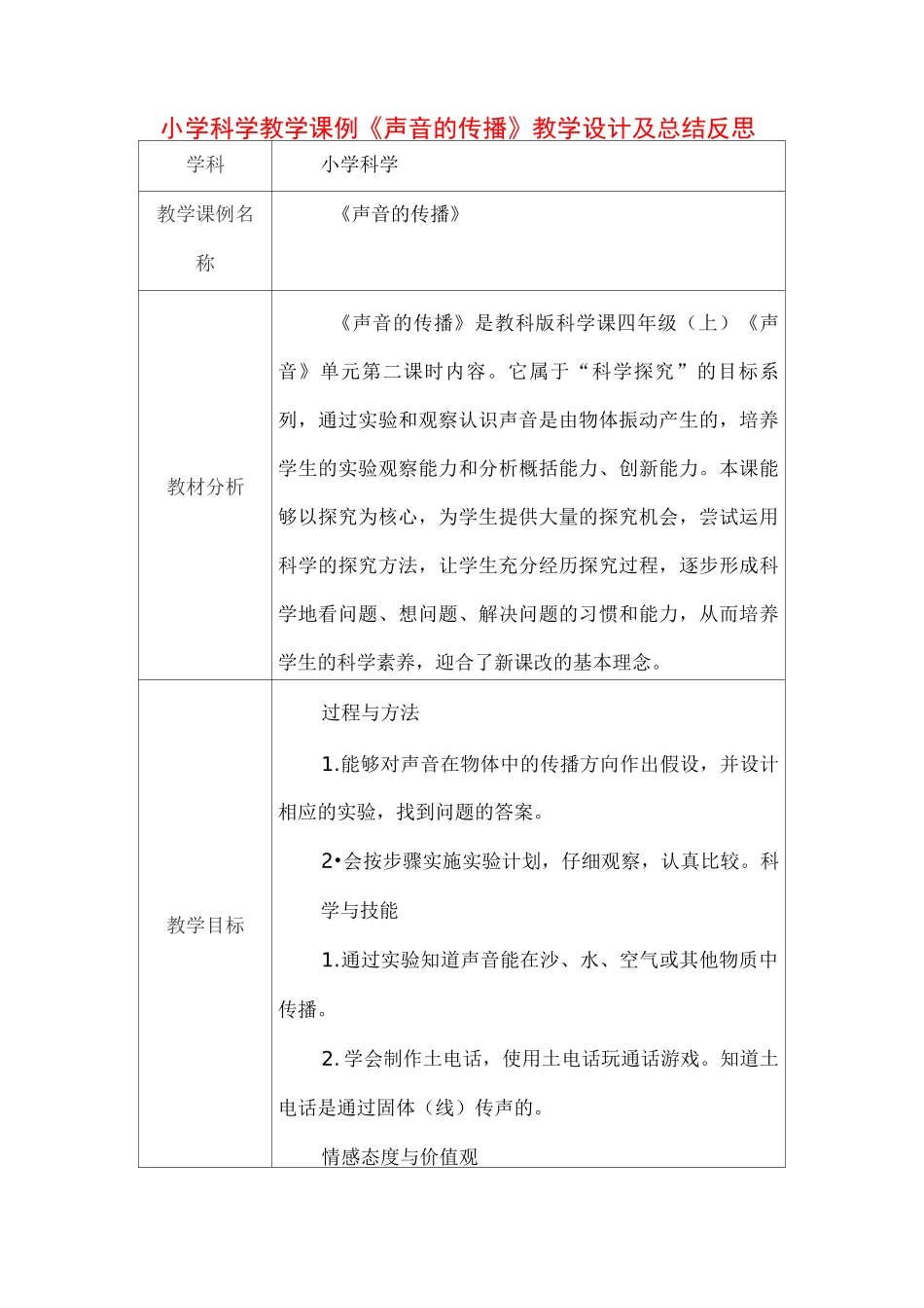 小学科学教学课例《声音的传播》课程思政核心素养教学设计及总结反思_第1页
