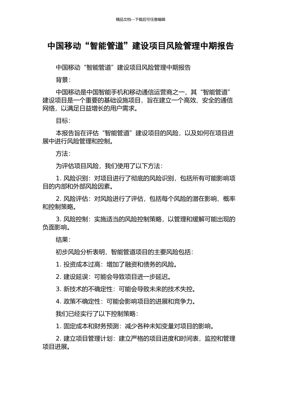 中国移动“智能管道”建设项目风险管理中期报告_第1页