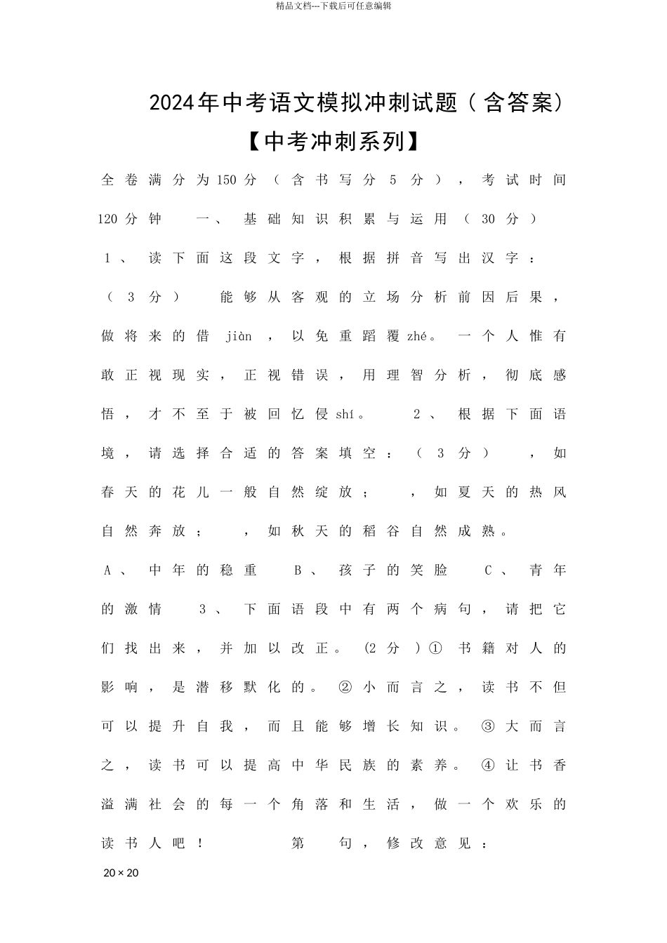 中考语文模拟冲刺试题含答案_第1页