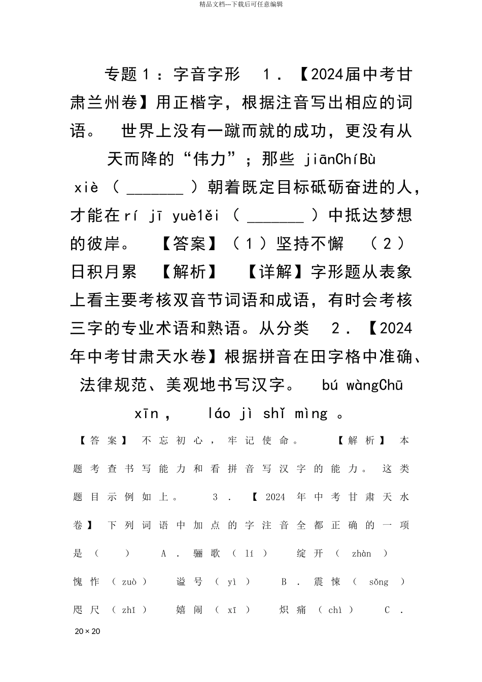 中考语文试题分类汇编第四期字音字形含解析_第1页