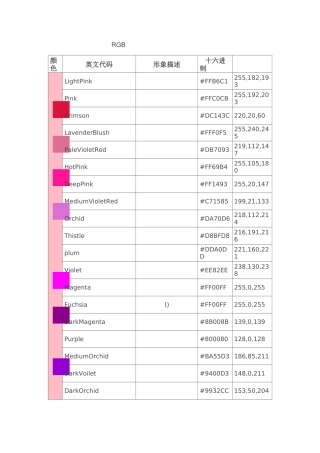 RGB颜色与十六进制码对照表