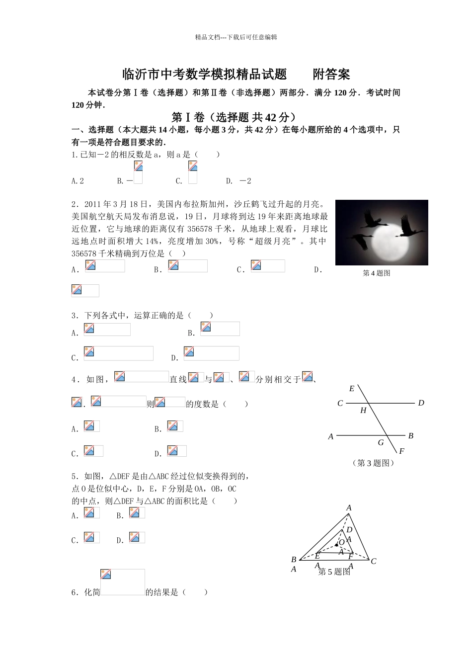 临沂市中考数学模拟附答案_第1页