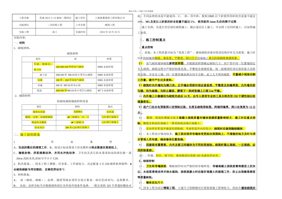 二次结构砌筑技术交底记录_第1页