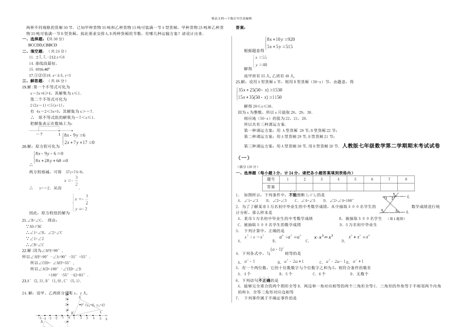 人教七年级数学下册期末测试题套及答案;共五套;_第2页