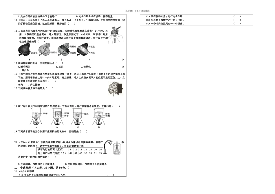 人教七年级生物上册绿色植物是有机物的制造者复习学案无答案_第2页