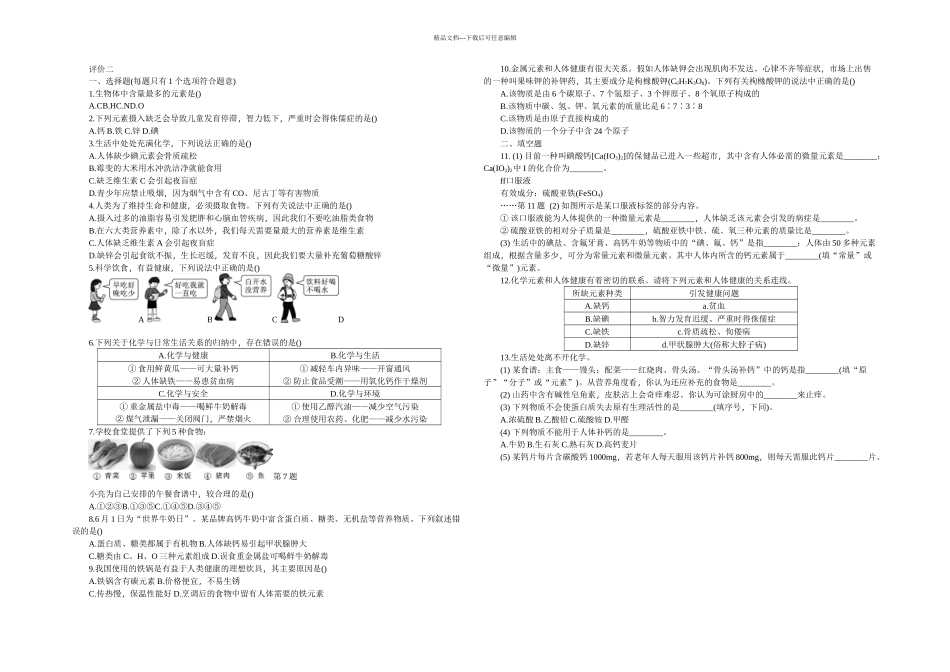 人教九年级下册-化学与生活评价二无答案_第1页