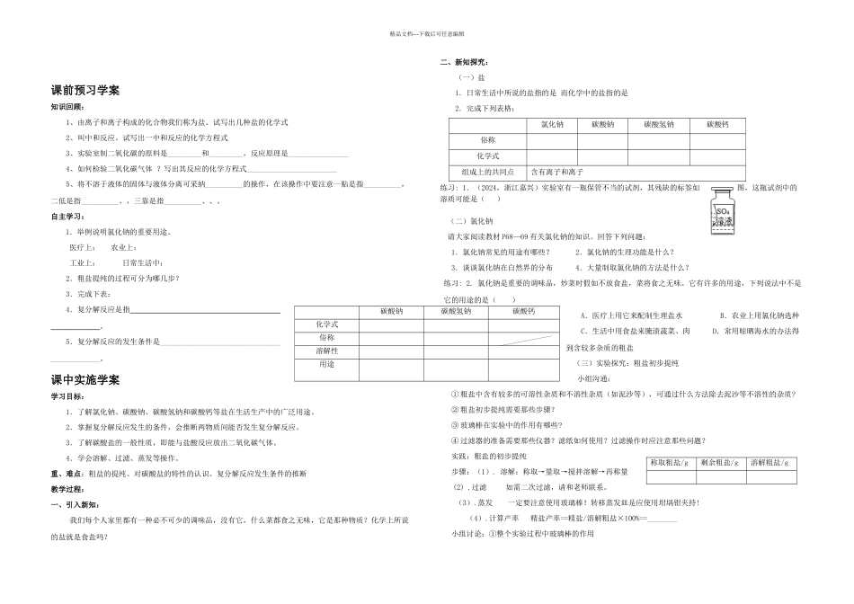 人教九年级化学下册生活中常见的盐学案_第1页