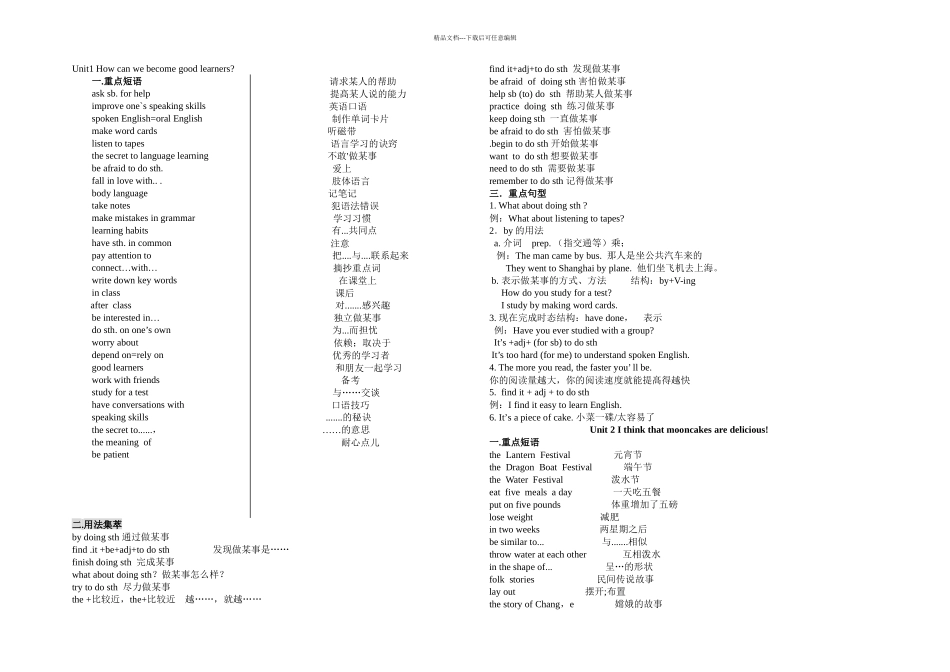 人教九年级英语短语句型归纳_第1页