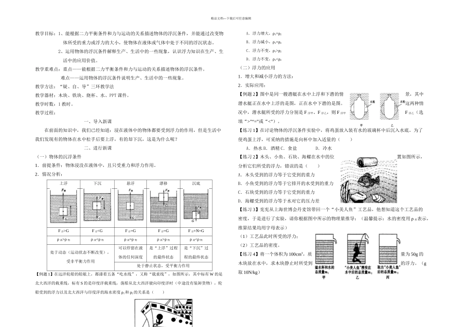 人教八年级物理下册备课物体的浮沉条件及其应用doc_第1页