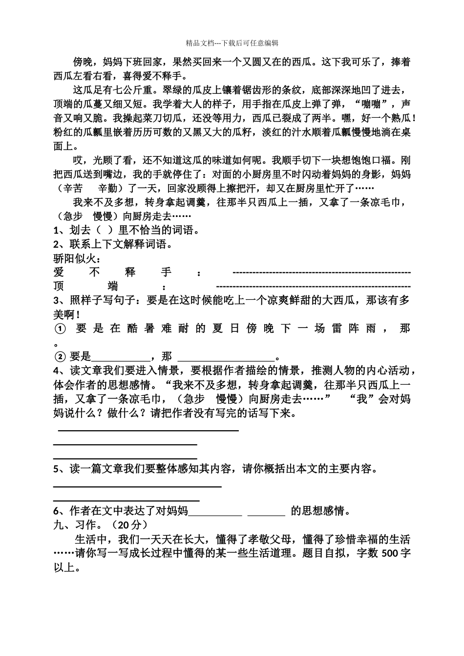 人教版小学语文六级下册测试卷两套_第3页