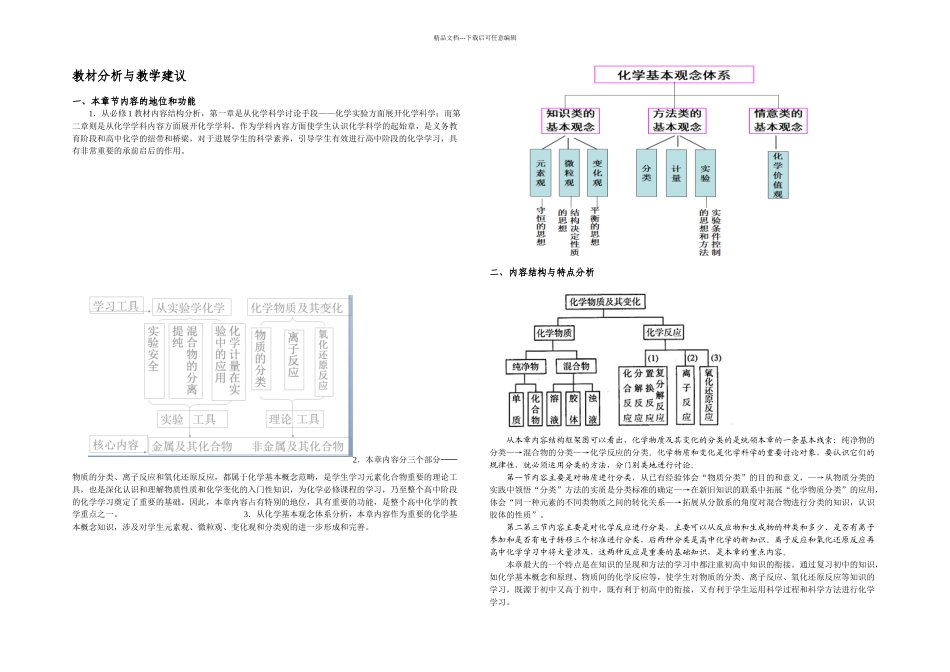 人教高中化学必修化学物质及其变化教材分析与教学建议_第1页