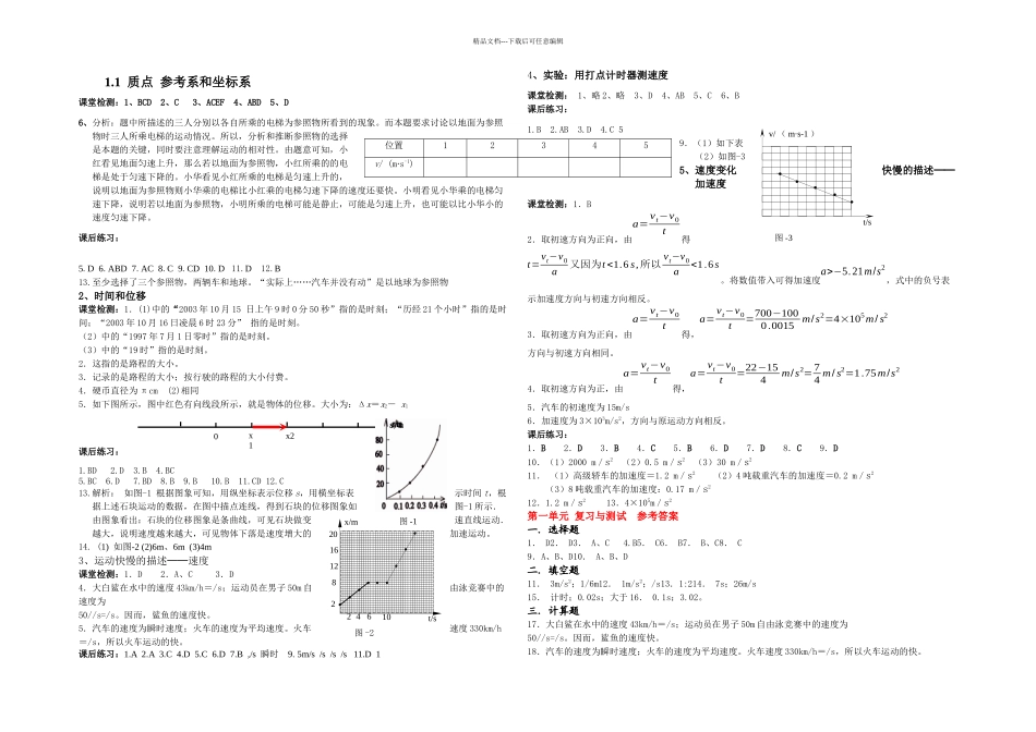 人教高中物理必修一导学案答案_第1页